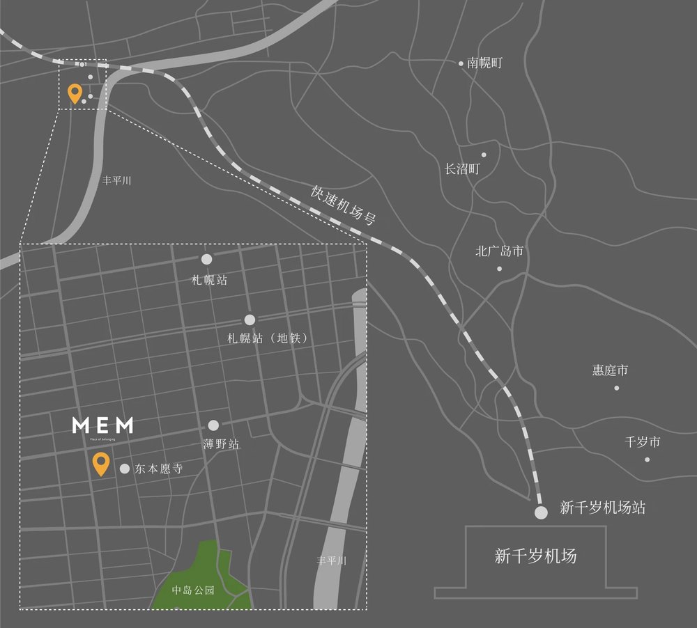 MEM SAPPORO 位置图。标示与札幌站、薄野站、东本愿寺、中岛公园、新千岁机场的相对位置