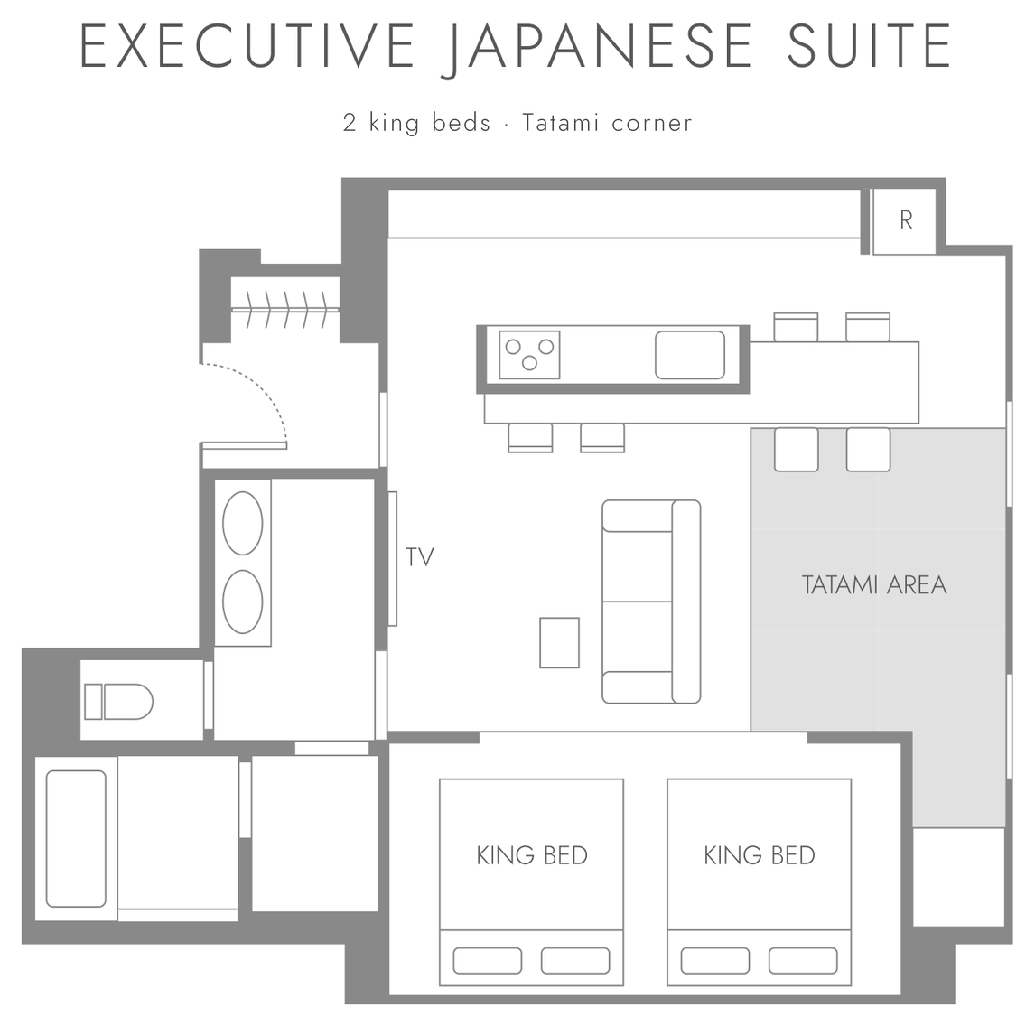 Floor plan of EXECUTIVE JAPANESE SUITE: two king beds, tatami corner, wide kitchen and bathroom