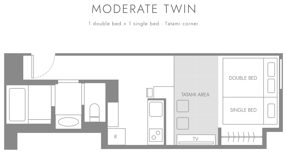 Floor plan of MODERATE TWIN: one double bed and one single bed, tatami corner, open kitchen and bathroom