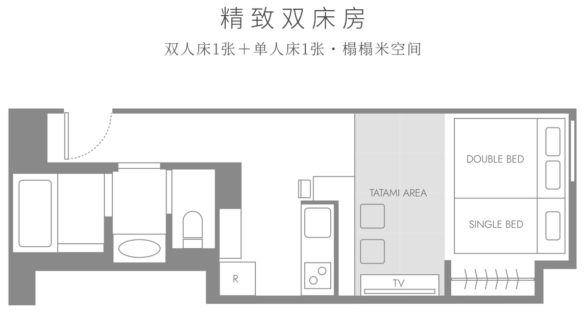 MODERATE TWIN 平面图。双人床1张与单人床1张、榻榻米区、开放式厨房、浴室
