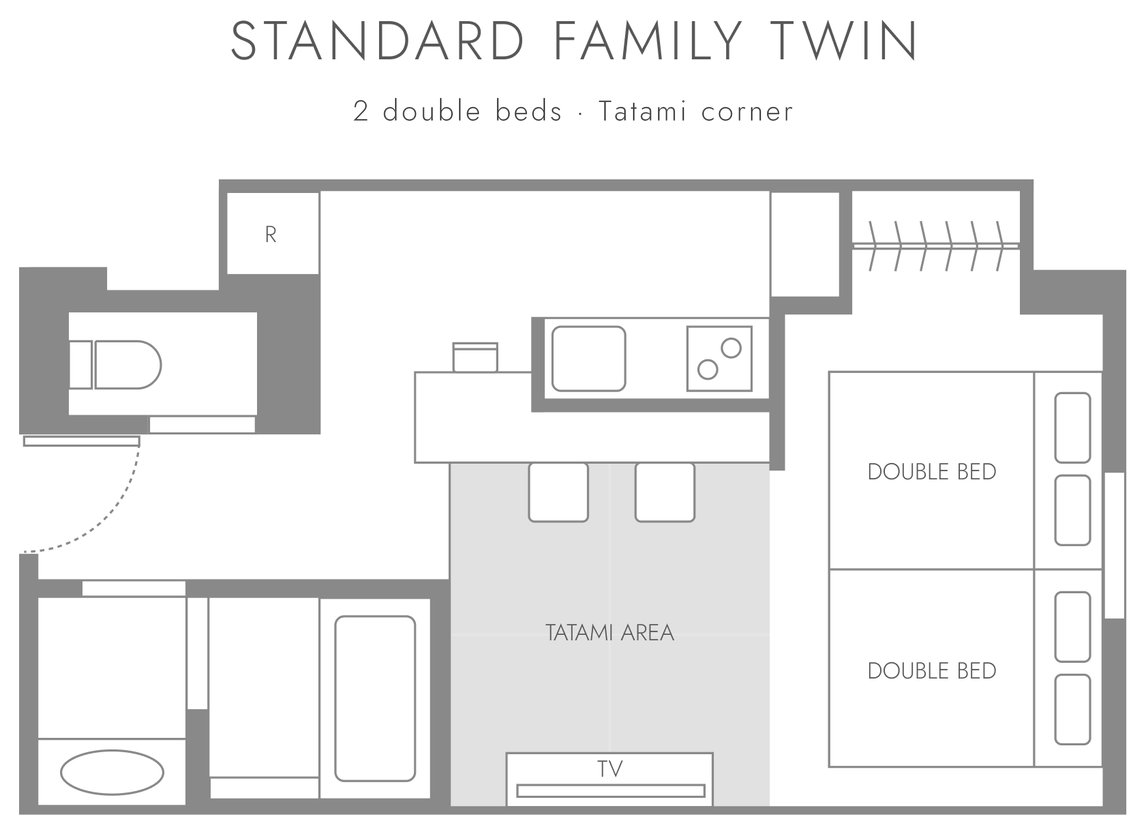 Floor plan of STANDARD FAMILY TWIN: two double beds, tatami corner, open kitchen and bathroom
