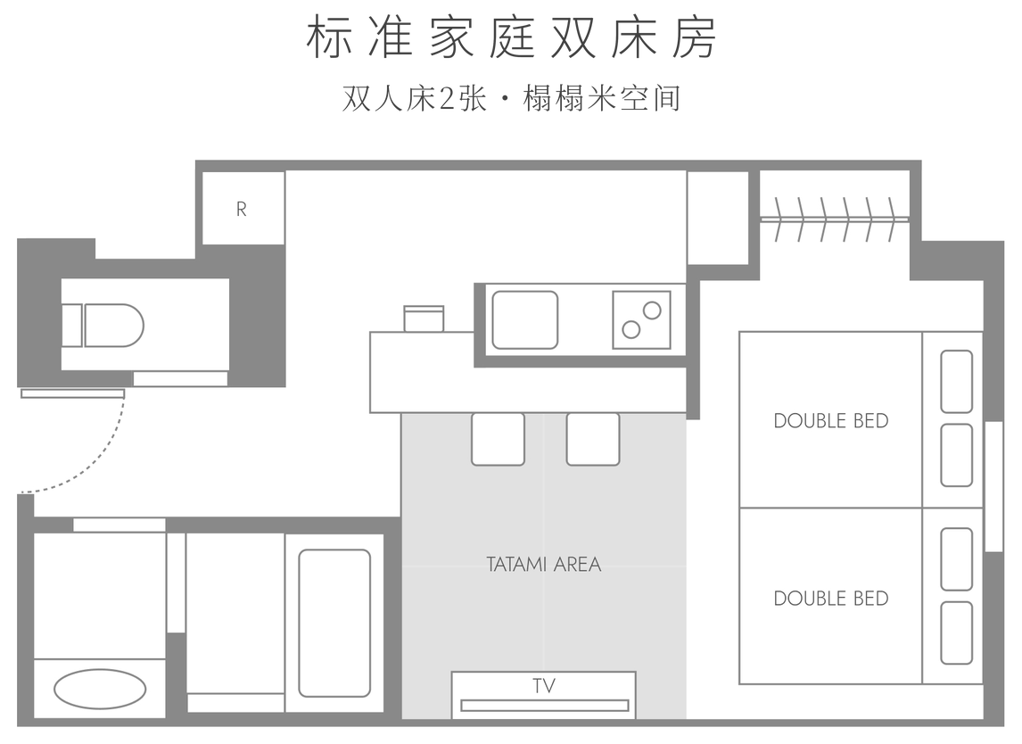STANDARD FAMILY TWIN 平面图。双人床2张、榻榻米区、开放式厨房、浴室