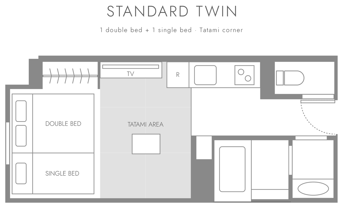 Floor plan of STANDARD TWIN: one double bed and one single bed, tatami corner, kitchen and bathroom