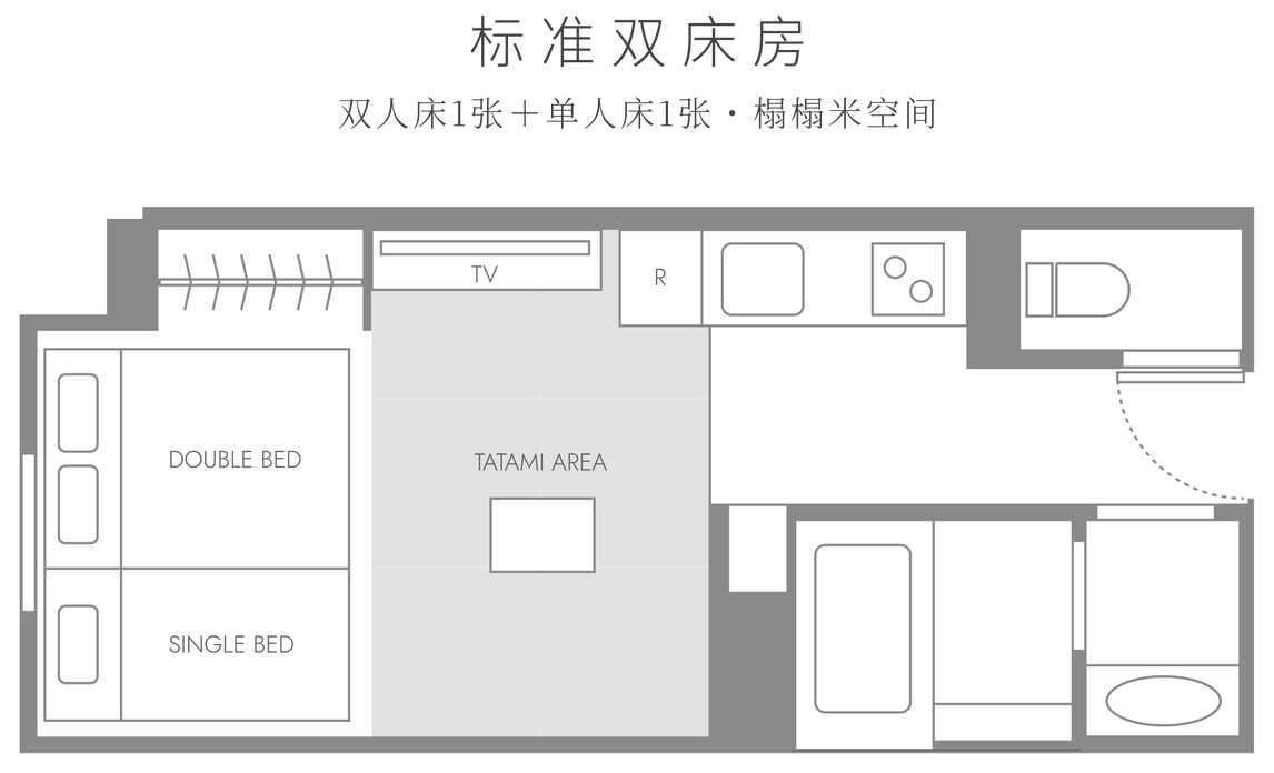 STANDARD TWIN 平面图。双人床1张与单人床1张、榻榻米区、厨房、浴室