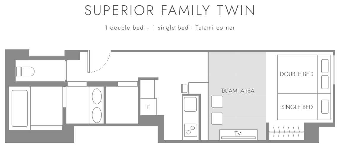 Floor plan of SUPERIOR FAMILY TWIN: one double bed and one single bed, tatami corner, open kitchen and bathroom