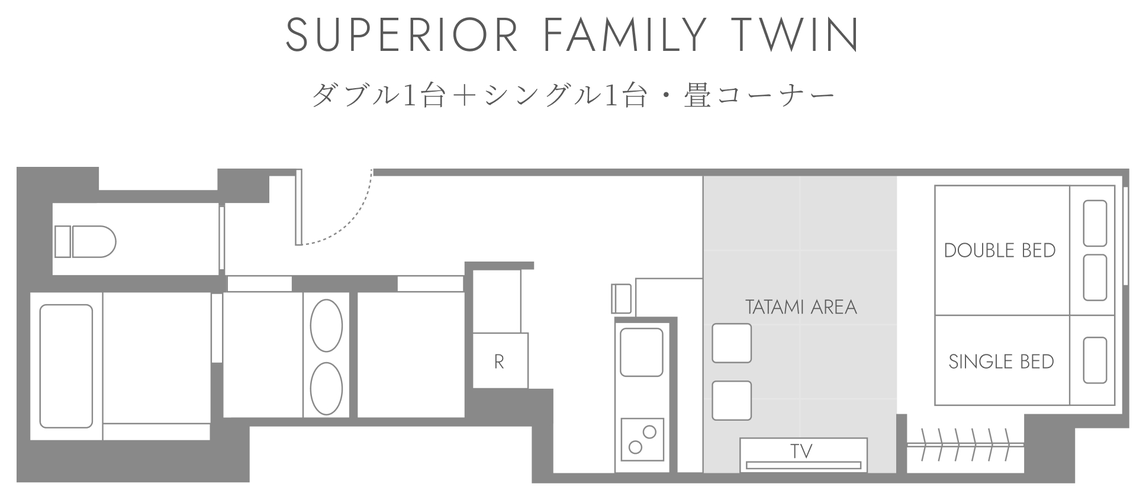 SUPERIOR FAMILY TWIN の間取り図。ダブルベッド1台とシングルベッド1台、畳コーナー、対面キッチン、バスルーム
